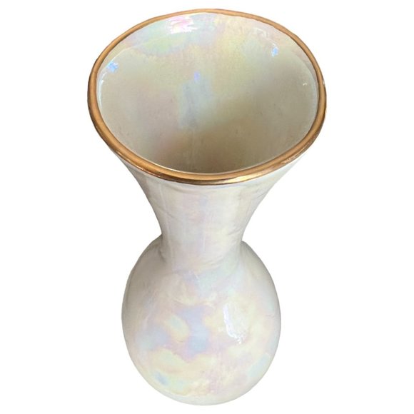 Vtg BUD VASE White Iridescent Shimmer Glossy Glaze Handcrafted Signed 9.75" Tall - Picture 2 of 12